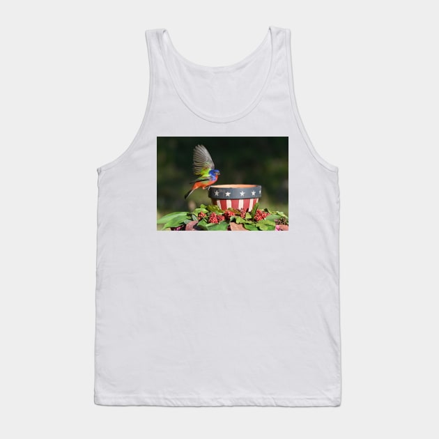 Painted Bunting Bird Saluting the American Flag Bowl Tank Top by candiscamera